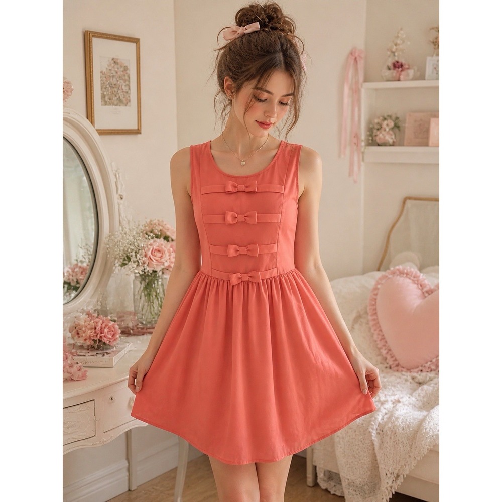 Rue21 Babydoll Bow Front Dress Fit Flare Coquette Soft Girl Mini Skater Coral L